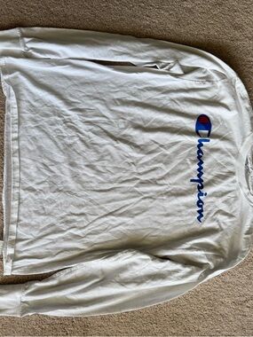 Champion White Long Sleeve Script Tee with Blue Logo